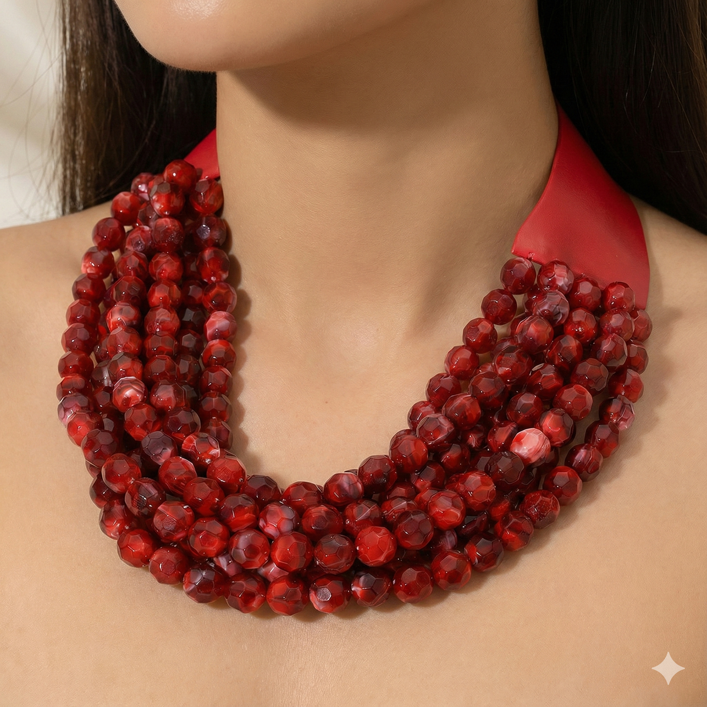 Marbled Faceted Ball Beaded Multi Layered Faux Leather Magnetic Necklace