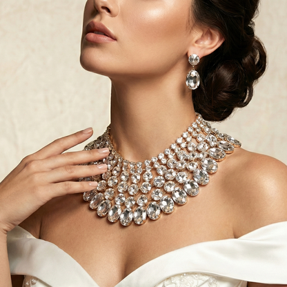 Chunky Crystal Necklace - Statement Bib Necklace with Sparkling Earrings Set