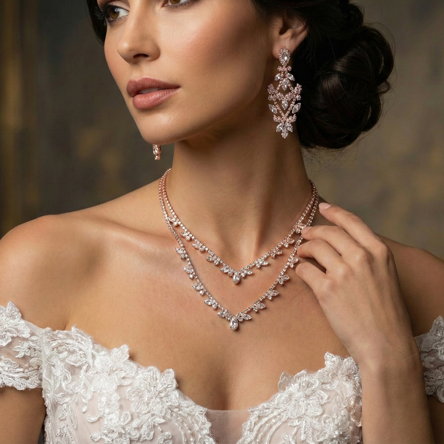 Clear Crystal Layered Necklace & Statement Earrings Set