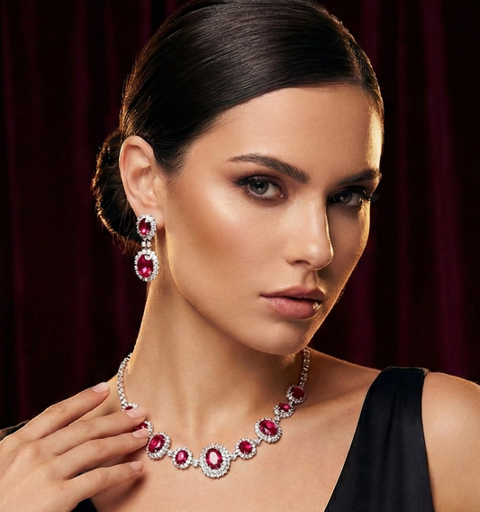 Fuchsia Rhinestone Necklace - Sparkly Jewelry Set with Oval Cut Crystals & Elegant Drop Earrings