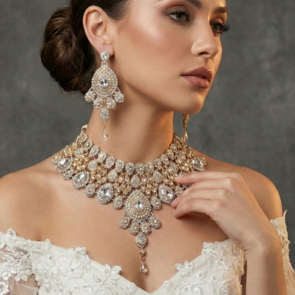 Royal Indian Crystal Wedding Necklace Earrings Tikka Set