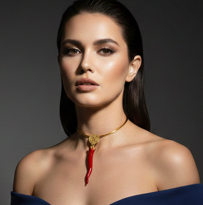 24K Gold Plated Open Choker Necklace with Red Italian Horn Pendant – Mediterranean Style Torc Choker – Good Luck Cornicello Jewelry for Women