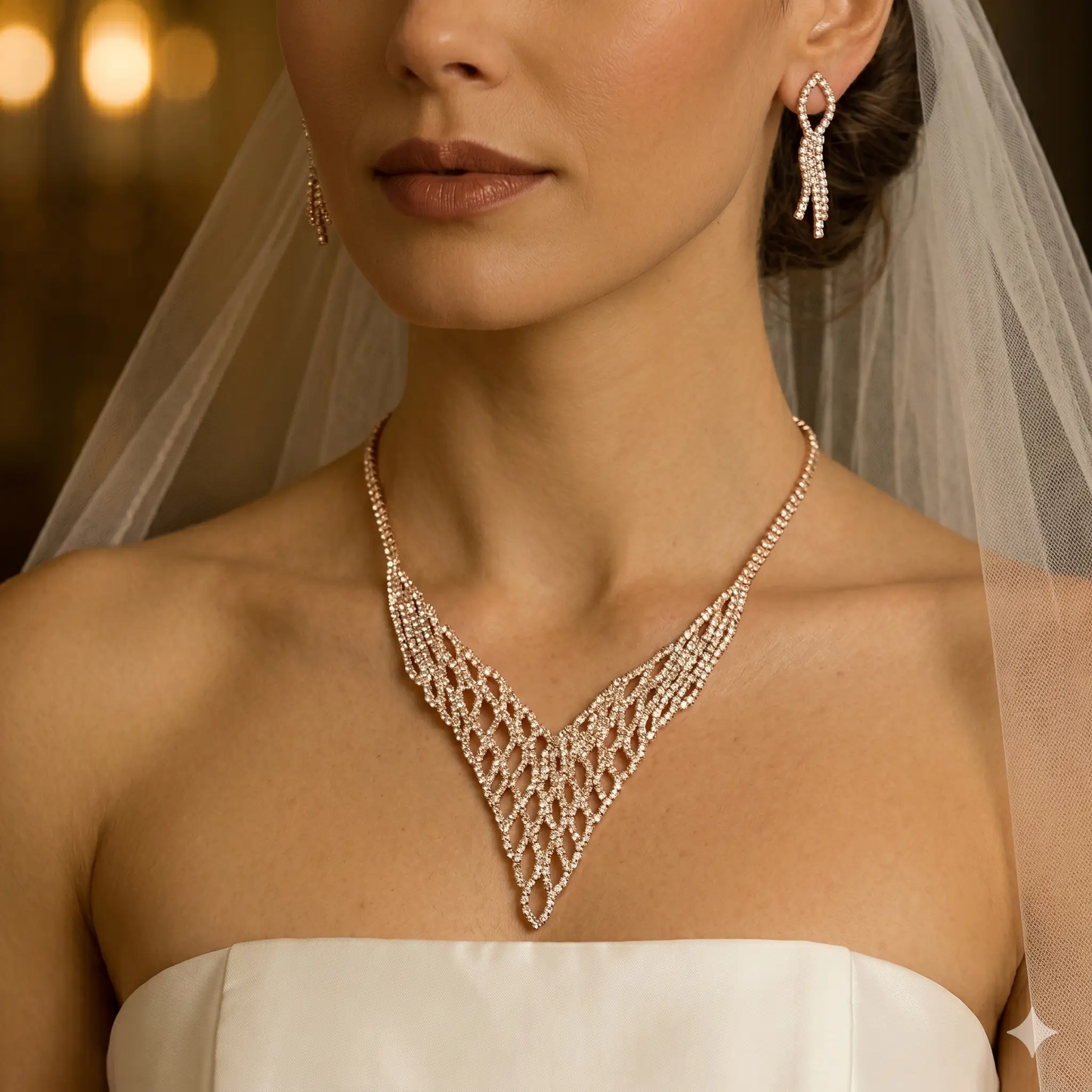 Crystal Mesh Necklace – Elegant Bridal Jewelry Set With Rhinestone Earrings by Glam Duchess (elegant-crystal-mesh-necklace-earrings-set-bridal-evening-jewelry)