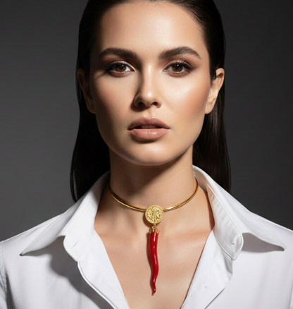 24K Gold Plated Open Choker Necklace with Red Italian Horn Pendant – Mediterranean Style Torc Choker – Good Luck Cornicello Jewelry for Women