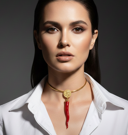 24K Gold Plated Open Choker Necklace with Red Italian Horn Pendant – Mediterranean Style Torc Choker – Good Luck Cornicello Jewelry for Women