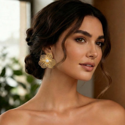 Punk Vintage Earrings - Metal Stud Flower Petal Studs With Pearl & Copper Alloy