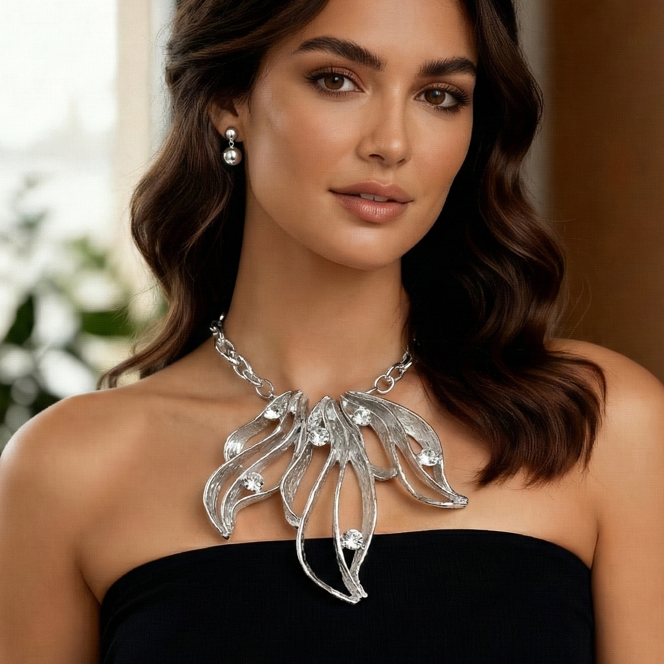 Stone Accent Resin Metal Cutout Floral Link Statement Necklace Earrings Set