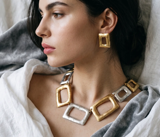 Geometric Jewelry Set Gold Plated Necklace And Statement Earrings Handmade In Turkey For Women - Jewelry Sets from Glam Duchess