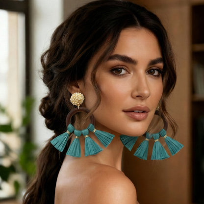 Wood Open Circle Raffia Tassel Dangle Earrings
