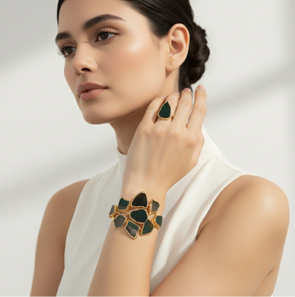 Handmade Gold Plated Cuff Bracelet and Ring Set with Green Natural Agate Stones, Adjustable Statement Bracelet, Special Occasion Jewelry, Handmade In Turkey