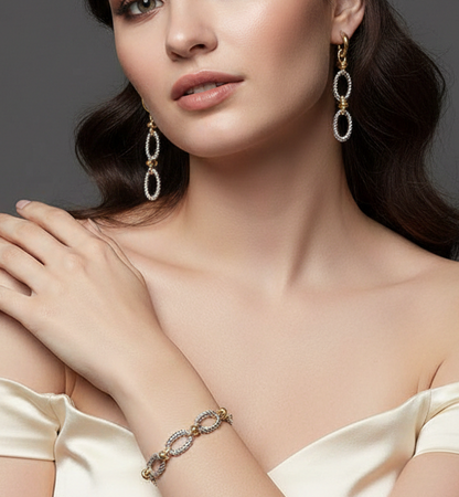 14K Gold Plated Two Tone Twisted Oval Link Drop Earrings Bracelet Set