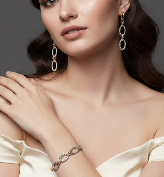 14K Gold Plated Two Tone Twisted Oval Link Drop Earrings Bracelet Set