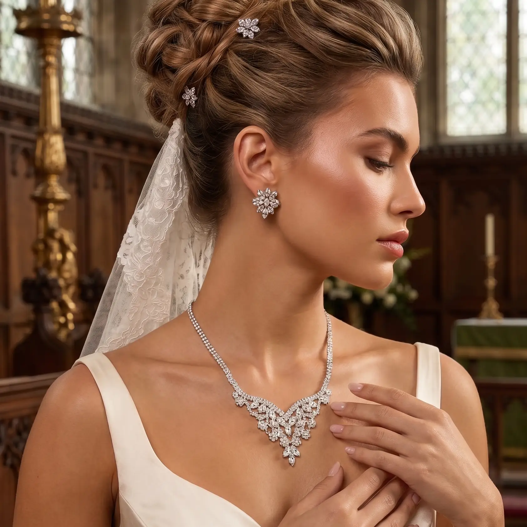 Crystal Floral Necklace – Luxury Bridal Statement Jewelry With Sparkling Marquise Stones by Glam Duchess (luxury-crystal-floral-drop-necklace-bridal-evening-statement-jewelry-1)