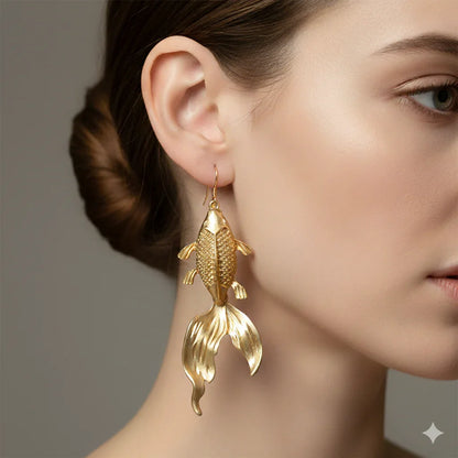 Gold Koi Fish Earrings – Artistic Gold Plated Statement Earrings, 7cm Drop