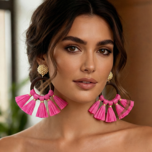 Wood Open Circle Raffia Tassel Dangle Earrings