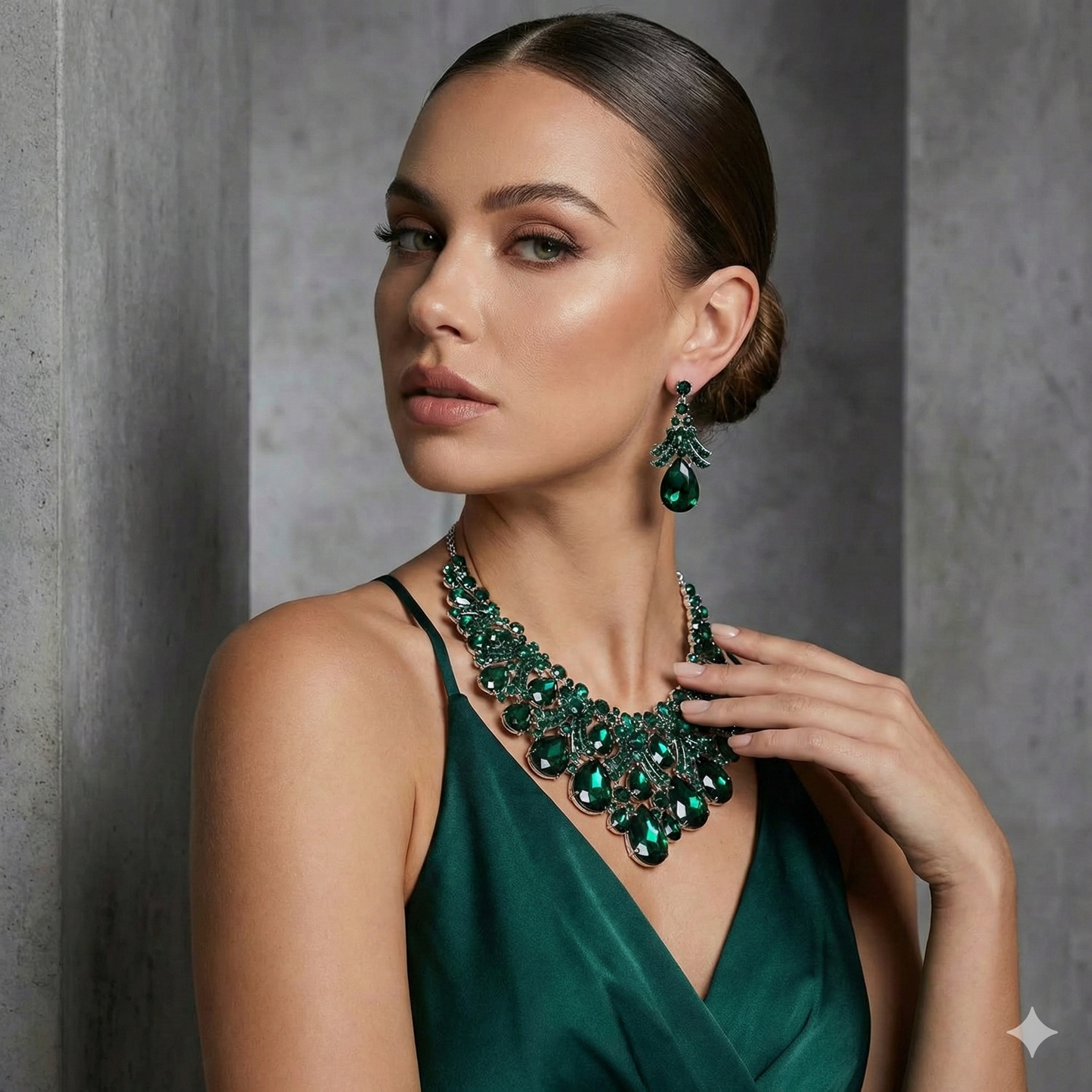 Emerald Green Necklace – Adjustable Collar Necklace Set with Teardrop Stone Earrings