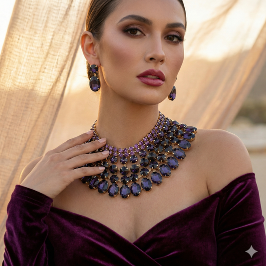 Purple Crystal Necklace – Chunky Statement Bib Necklace with Matching Earrings Set