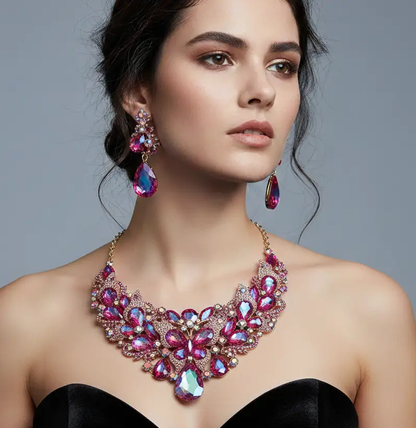 Butterfly Glass Stone Cluster Pointed Teardrop Stone Cluster Evening Necklace by Glam Duchess (butterfly-glass-stone-cluster-pointed-teardrop-stone-cluster-evening-necklace)