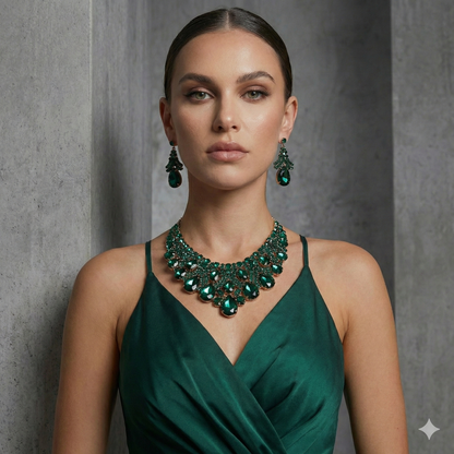 Emerald Green Necklace – Adjustable Collar Necklace Set with Teardrop Stone Earrings