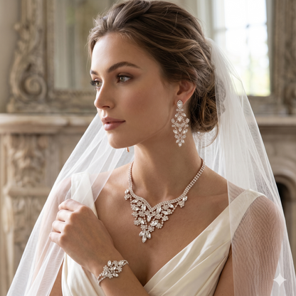 Elegant Bridal Crystal Jewelry Set – Statement Wedding Necklace, Stud Earrings & Bracelet for Brides & Special Occasions by Glam Duchess (luxury-crystal-floral-drop-necklace-bridal-evening-statement-jewelry)