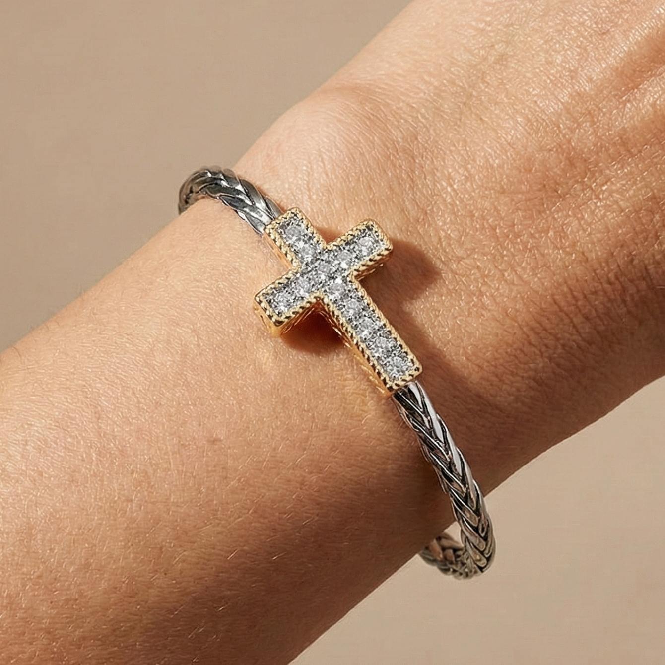 CZ Stone Paved Two Tone Cross Accent Braided Cuff Bracelet