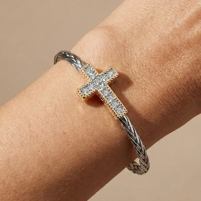 CZ Stone Paved Two Tone Cross Accent Braided Cuff Bracelet