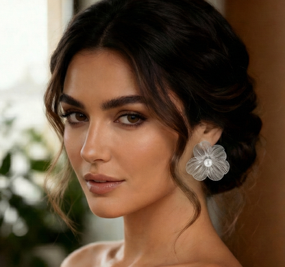 Punk Vintage Earrings - Metal Stud Flower Petal Studs With Pearl & Copper Alloy