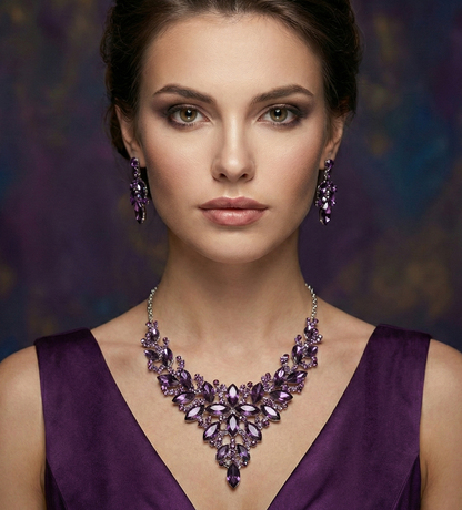 Purple Crystal Statement Necklace & Earrings Set – Amethyst Look Bridal Jewelry, Formal Evening Set