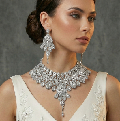 Royal Indian Crystal Wedding Necklace Earrings Tikka Set