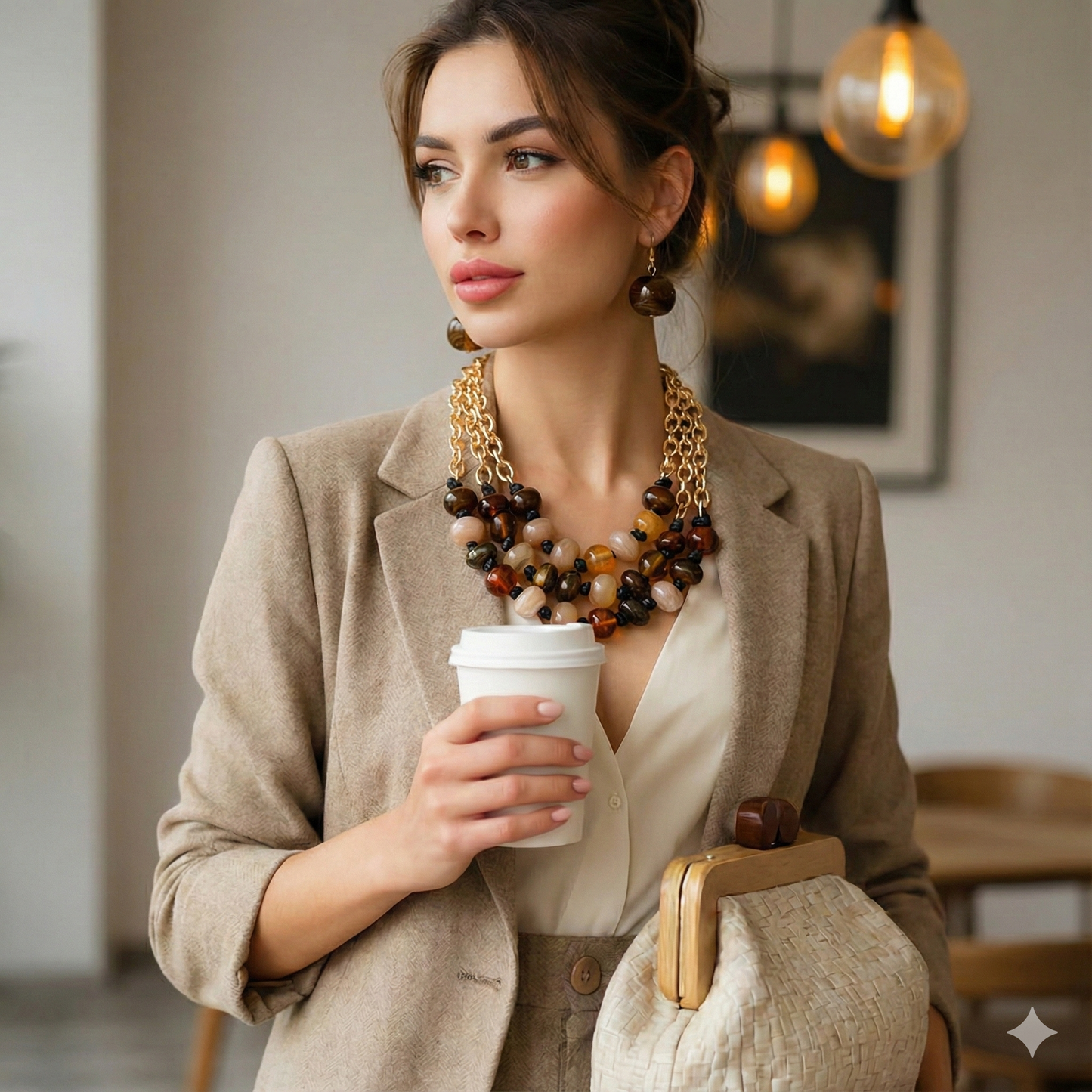 Chunky Marbled Resin Pebble Beaded Triple Layered Strand Statement Necklace Earrings Jewelry Set