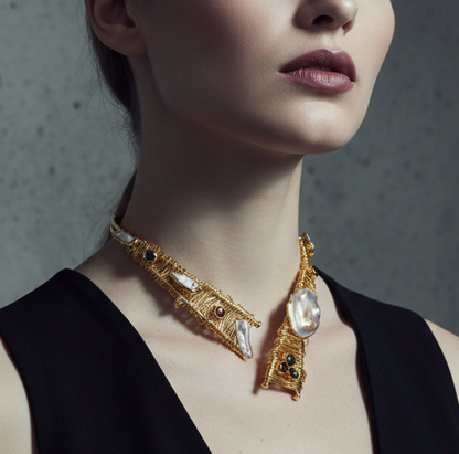 Handmade 24k Gold Plated Architectural Choker – Sculptural Statement Necklace with Baroque Pearl & Gemstone Accents