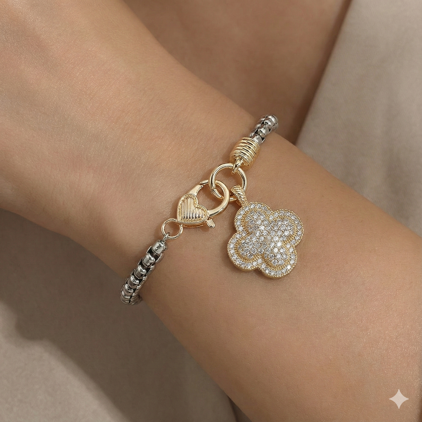 14K Gold Plated Two Tone CZ Stone Paved Quatrefoil Charm Bracelet