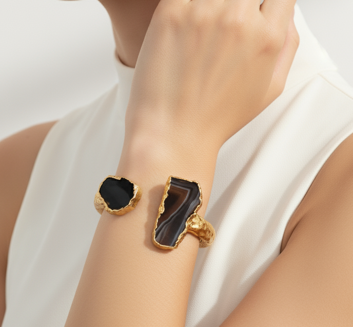 Handmade Minimalist Agate Open Cuff Bracelet | Gold Plated Statement Bangle