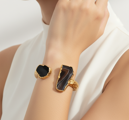 Handmade Minimalist Agate Open Cuff Bracelet | Gold Plated Statement Bangle