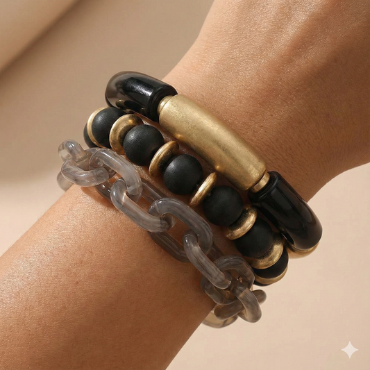 3PCS - Bold Wooden Mixed Beaded Stretch Resin Link Multi Layered Bracelets