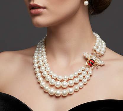 Honey Bee Pointed Pearl Layered Necklace Earrings Jewelry set