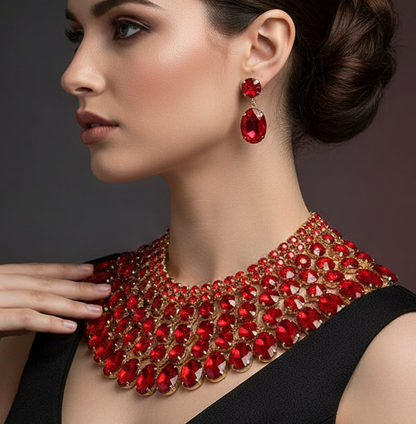 Red Crystal Necklace Set – Chunky Bib Statement Jewelry with Matching Earrings