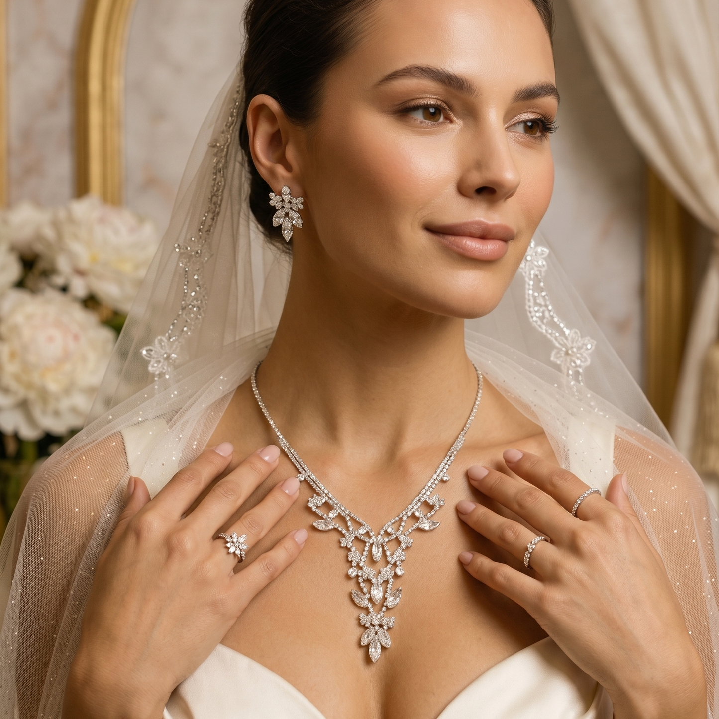 Crystal Floral Necklace – Luxury Bridal Statement Jewelry With Sparkling Marquise Stones by Glam Duchess (luxury-crystal-floral-drop-necklace-bridal-evening-statement-jewelry-1)