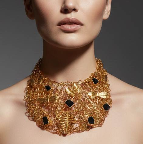 Handmade 24k Gold Plated "Golden Bloom" Statement Necklace - Natural Black Tourmaline & Filigree Butterfly Bib