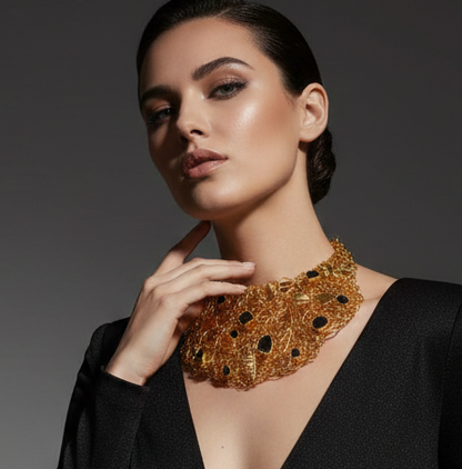 Handmade 24k Gold Plated "Golden Bloom" Statement Necklace - Natural Black Tourmaline & Filigree Butterfly Bib