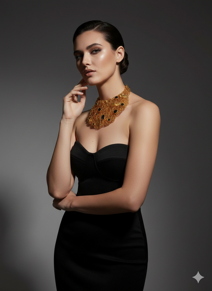 Handmade 24k Gold Plated "Golden Bloom" Statement Necklace - Natural Black Tourmaline & Filigree Butterfly Bib