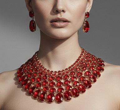 Red Crystal Necklace Set – Chunky Bib Statement Jewelry with Matching Earrings
