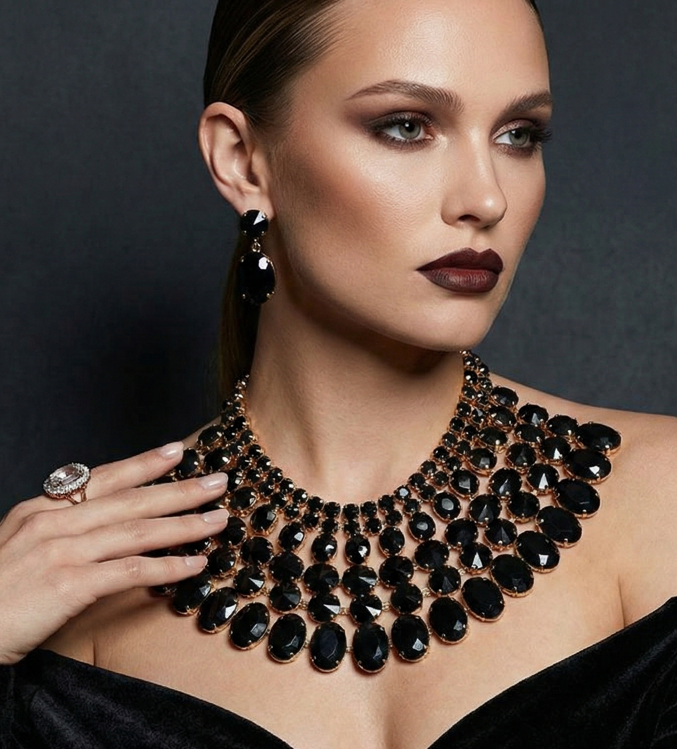 Chunky Crystal Necklace – Adjustable Gold Bib Necklace With Statement Earrings Set