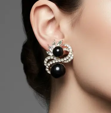 Double Pearl Accent Rhinestone Pave Swirl Clip On Earrings by Glam Duchess (double-pearl-accent-rhinestone-pave-swirl-clip-on-earrings-1)