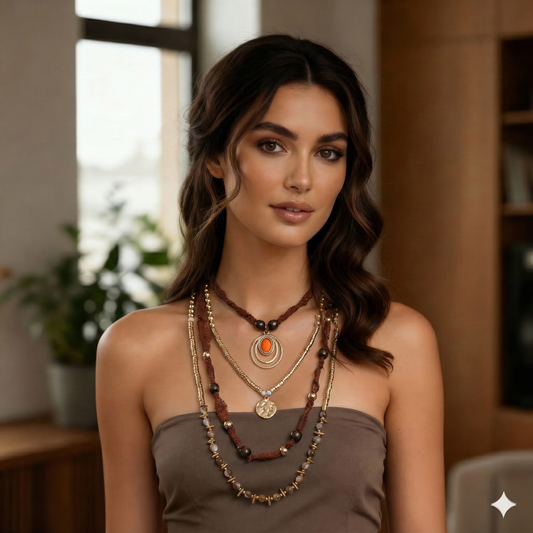 Boho Mixed Charm Accent Beaded Fabric Multi Layered Necklace