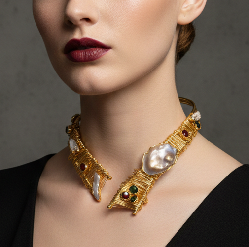 Handmade 24k Gold Plated Architectural Choker – Sculptural Statement Necklace with Baroque Pearl & Gemstone Accents