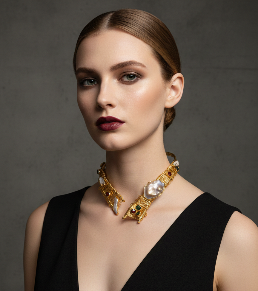 Handmade 24k Gold Plated Architectural Choker – Sculptural Statement Necklace with Baroque Pearl & Gemstone Accents
