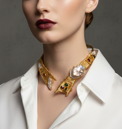 Handmade 24k Gold Plated Architectural Choker – Sculptural Statement Necklace with Baroque Pearl & Gemstone Accents
