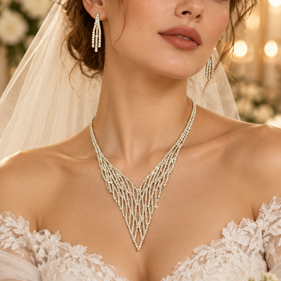 Crystal Mesh Bridal Necklace Set With Rhinestone Earrings Openwork V Design For Brides - Jewelry Sets from Glam Duchess