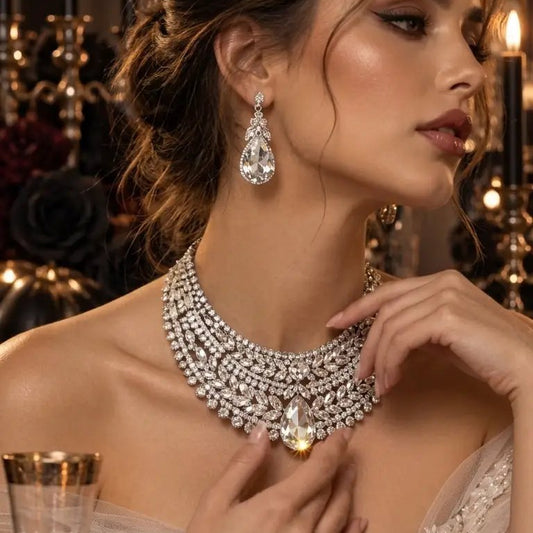 Teardrop Crystal Bridal Necklace & Earrings Set - Jewelry Sets from Glam Duchess